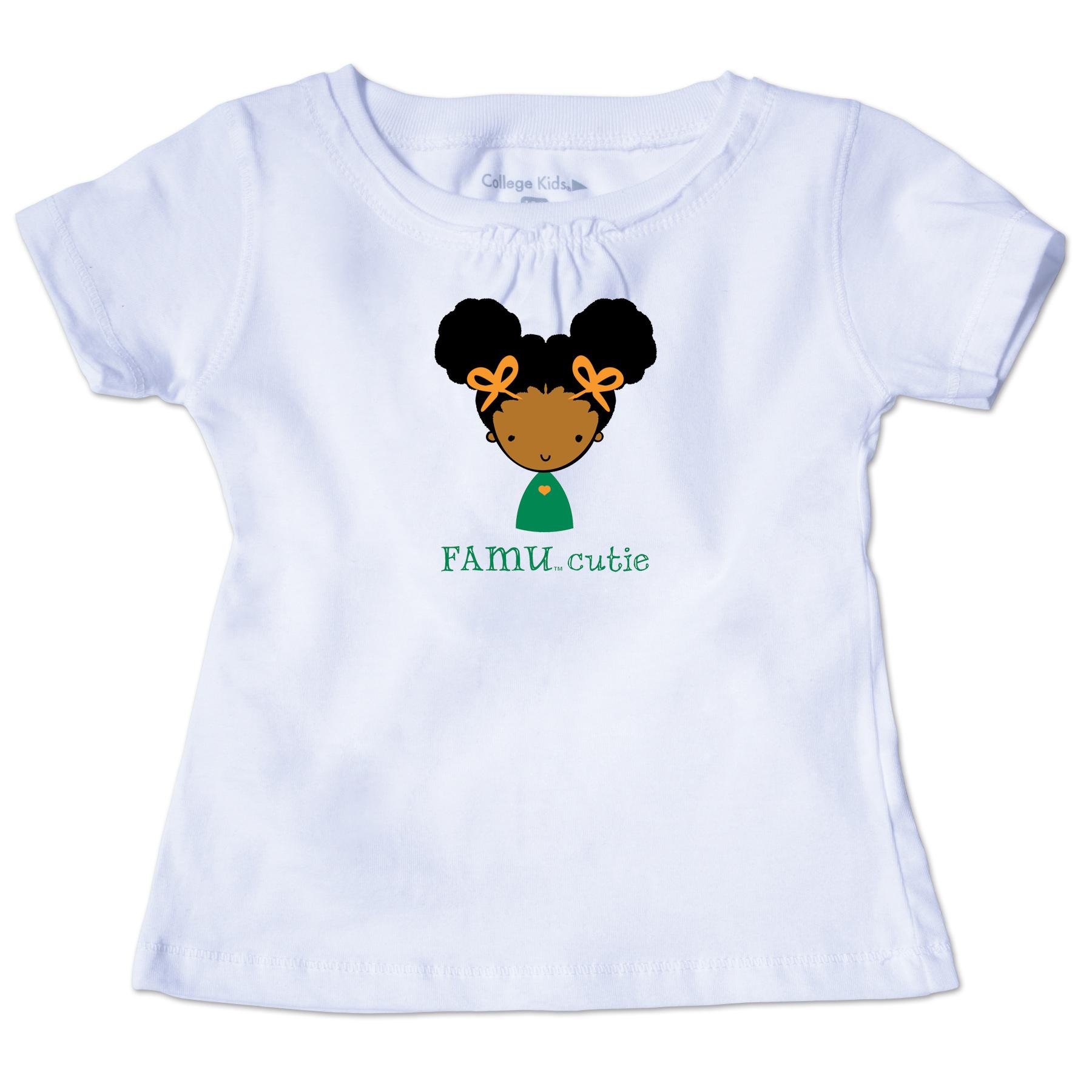 White t-shirt that says FAMU.cutie on the front